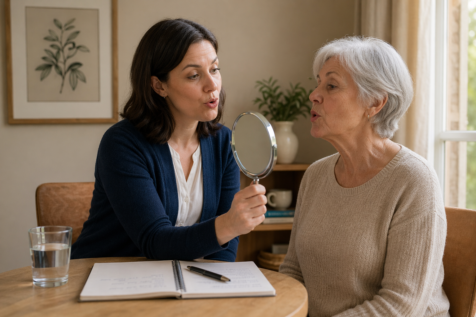 A speech pathologist supporting an older woman through rehabilitation exercises at a mirror