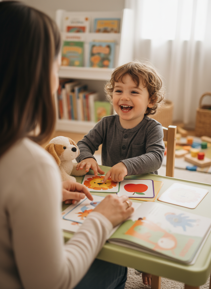 A speech therapist using picture flashcards in a warm, playful session with a child