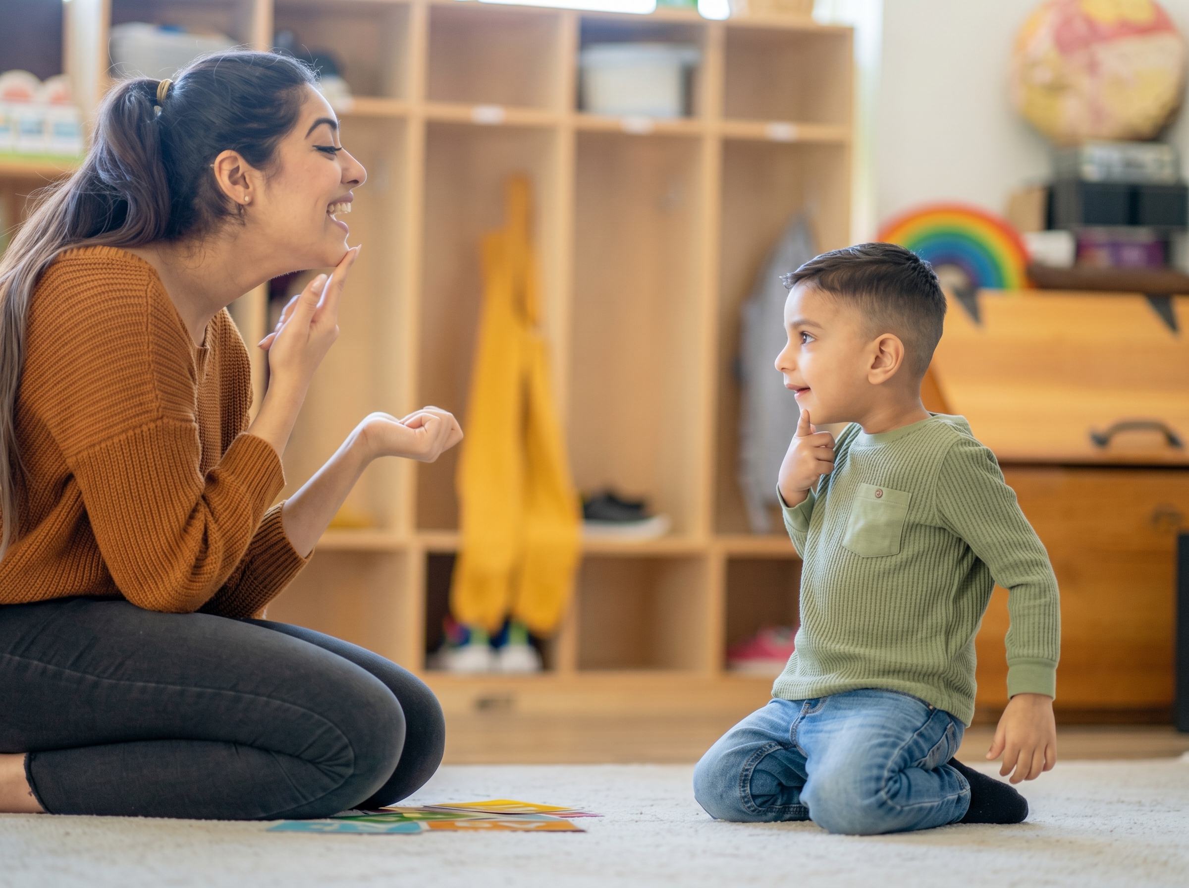 A speech pathologist and a young child practising sounds together during a clinic session