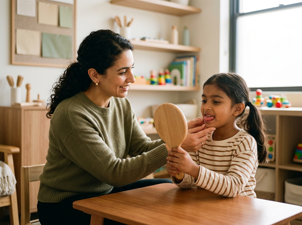 A speech pathologist guiding a young child through an orofacial myology exercise with a handheld mirror